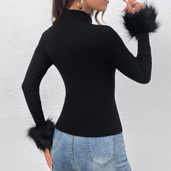 Black Casual Women's Fuzzy Cuff Mock Neck Y2k Tee - Picture 2 of 5